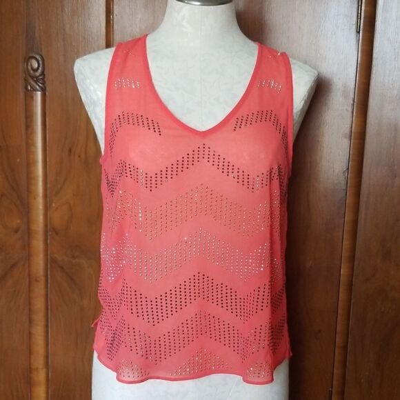Ligali Sheer Cantaloupe Beaded Tank Top,  M - Picture 1 of 6